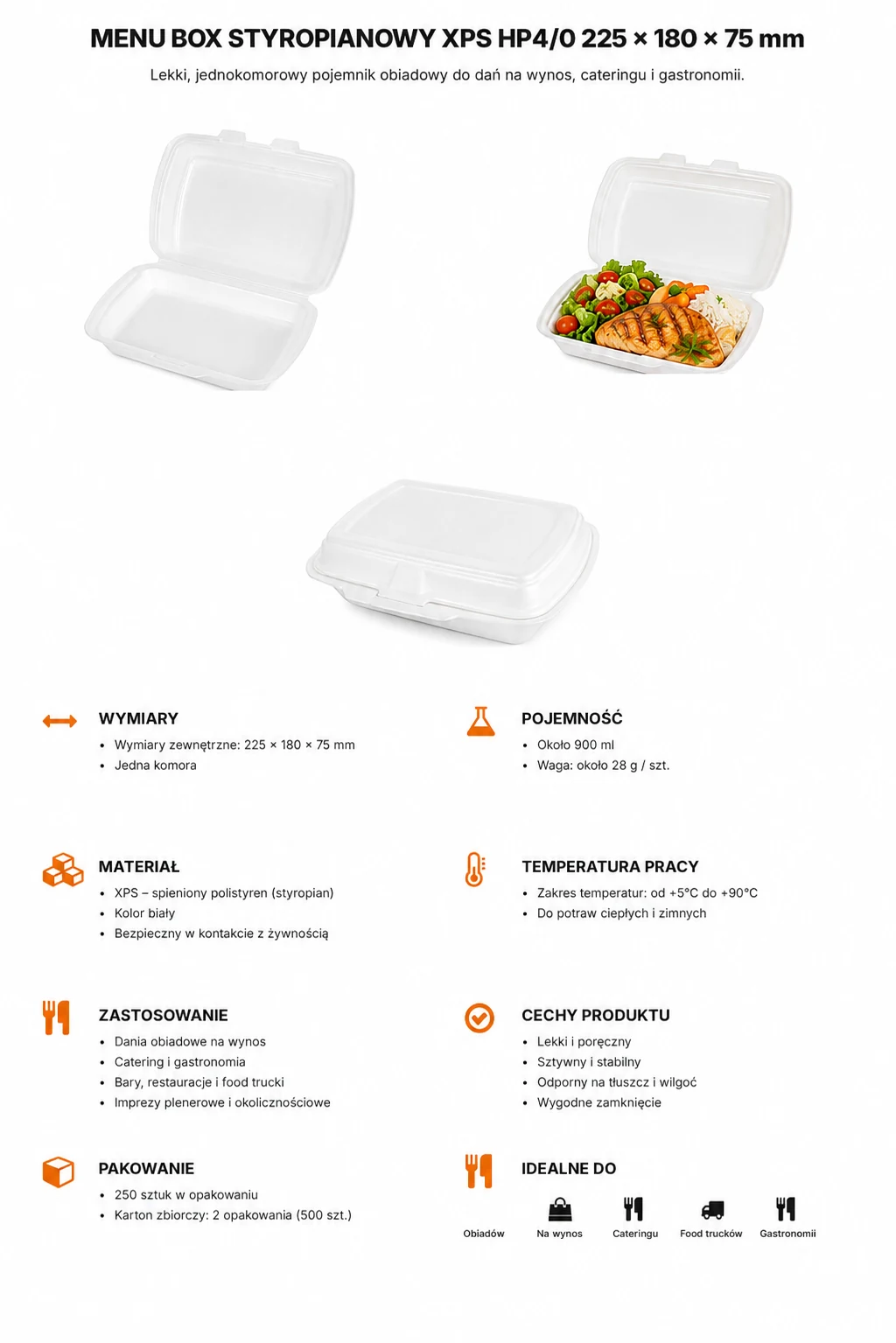 Menu box obiadowy 1-komorowy 22,5 × 18 cm – styropian