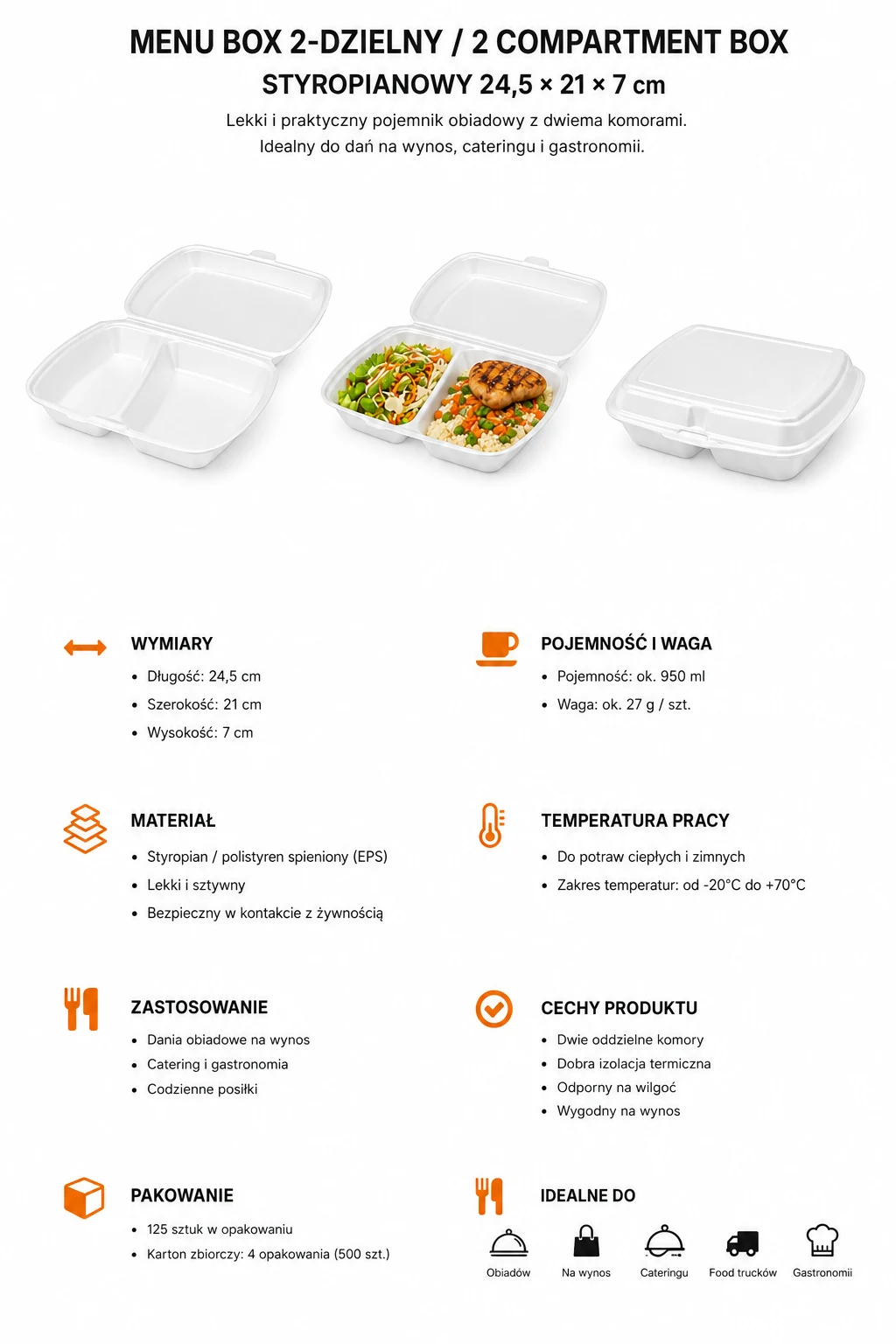 Menu box 2-komorowy 24,5 × 21 cm – styropian