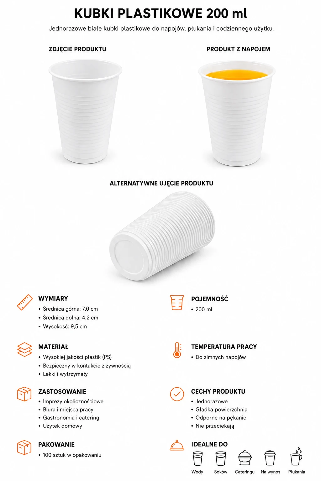 Kubek plastik biały 200ml