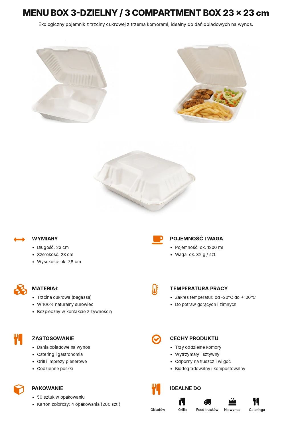 Menu box 3-dzielny z trzciny cukrowej 23 × 23 cm
