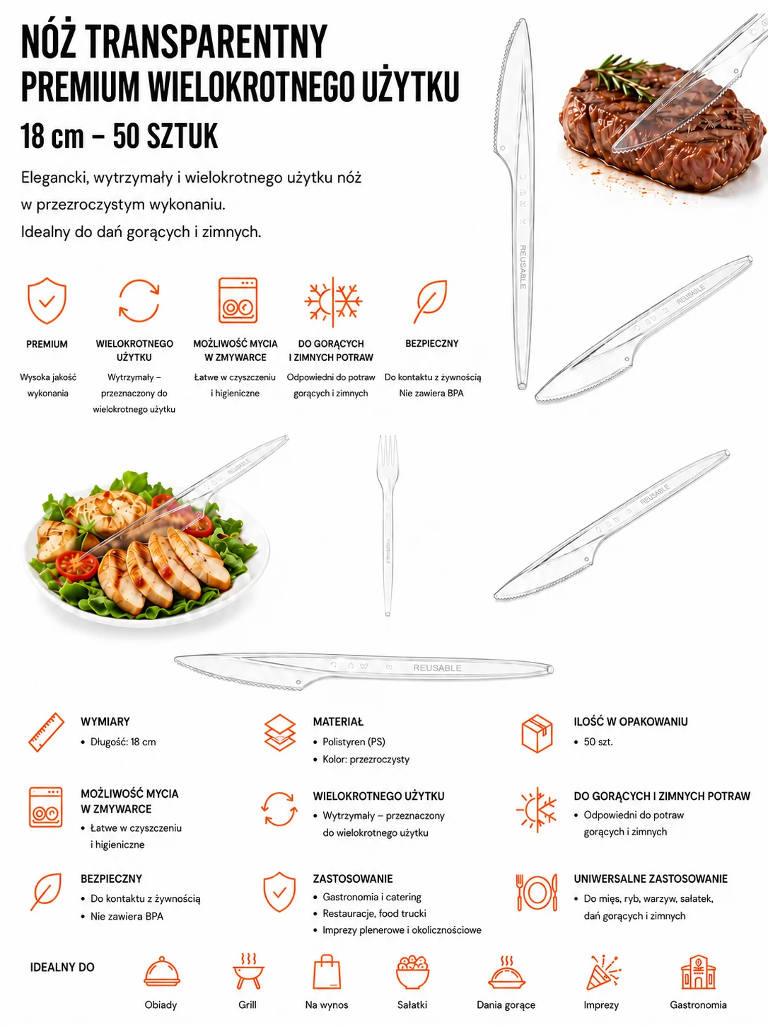Nóż transparentny premium 18 cm