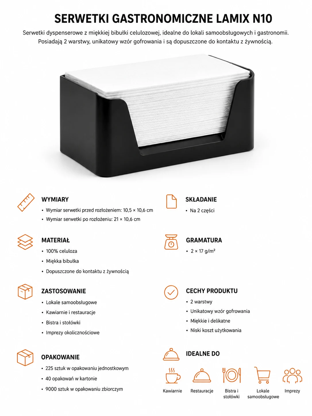 Serwetki gastronomiczne do dyspensera 10,5 × 10,6 cm
