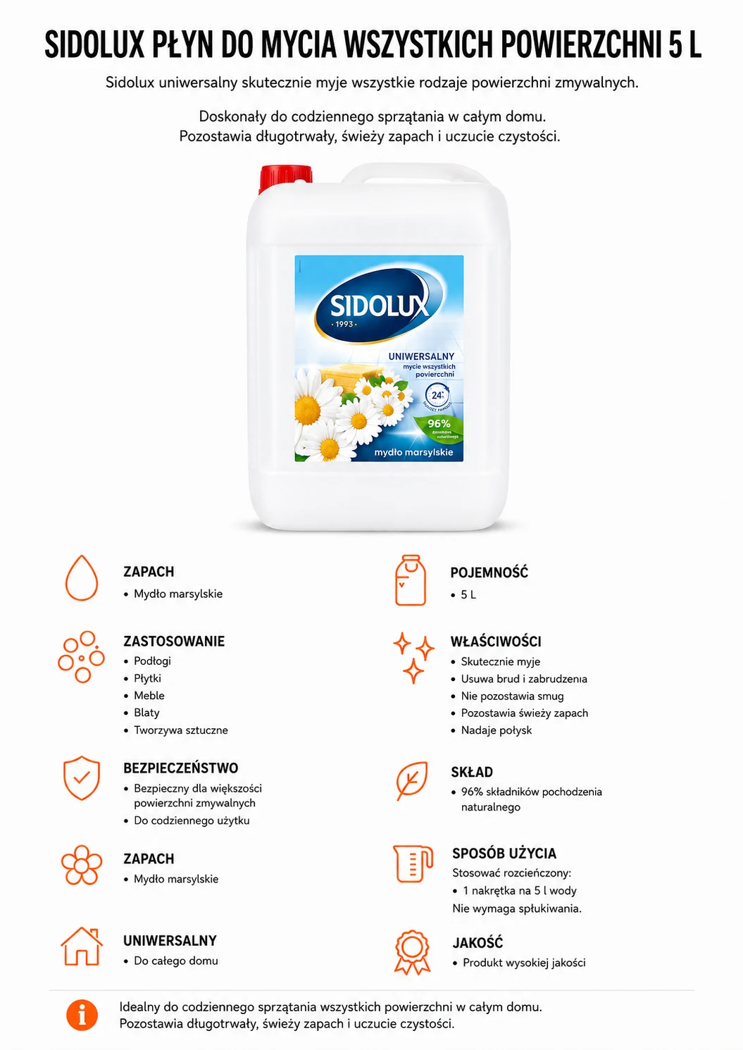 Sidolux płyn do powierzchni – mydło marsylskie 5 L