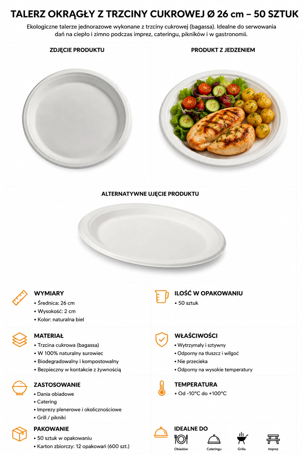 Talerz okrągły z trzciny cukrowej 26 cm